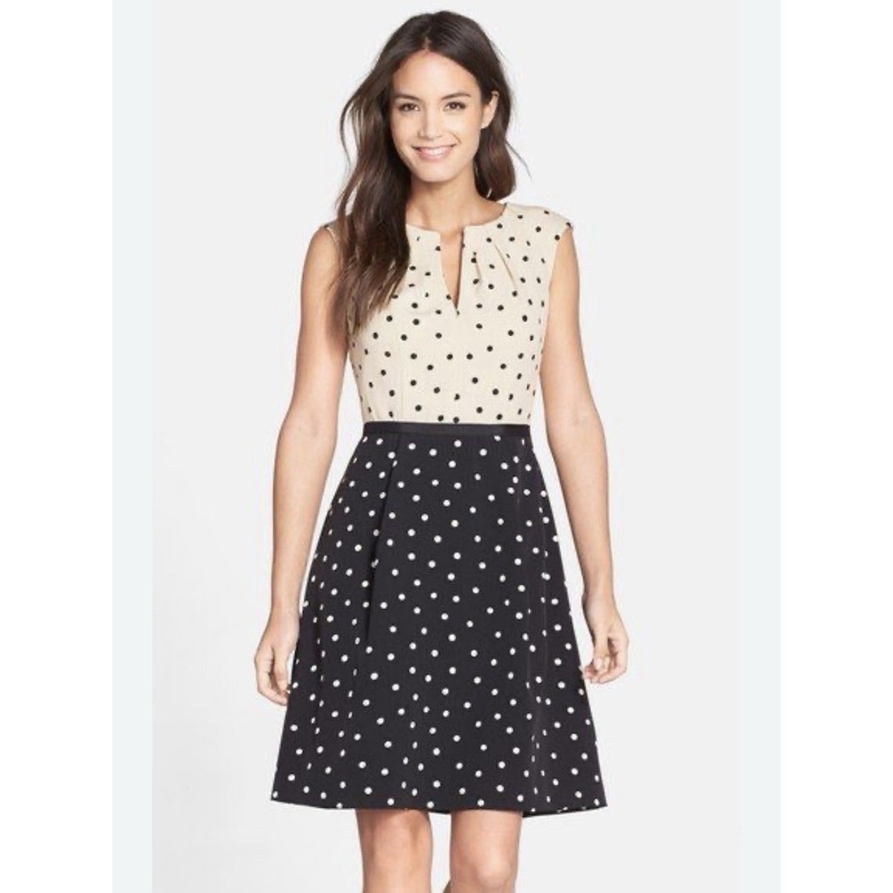 Adrianna Papell Ecru/Black Polka Dot Fit &‎ Flare Crepe Dress Size 10 NWT